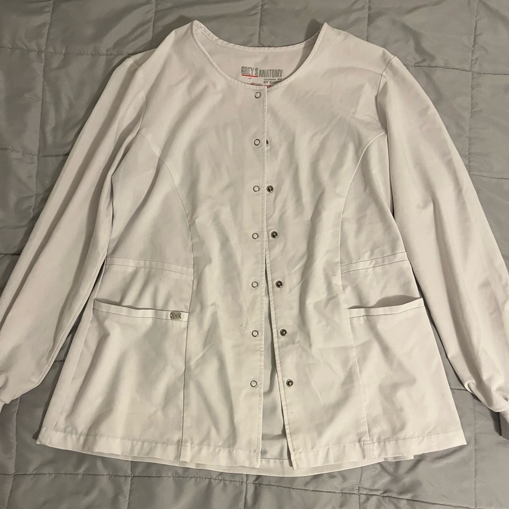 GREYS ANATOMY WHITE SCRUB TOP WARM UP LARGE GOOD CONDITION